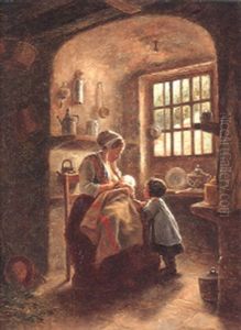Mother With Her Children In An Interior by Duverger, Theophile Emmanuel