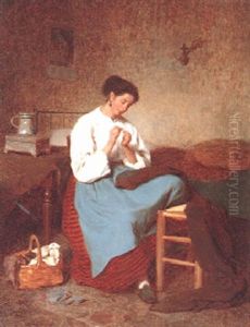 Young Woman Sewing In An Interior by Duverger, Theophile Emmanuel