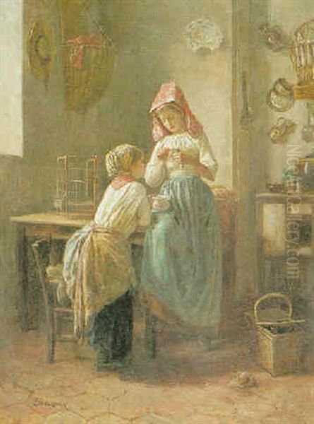 Girls With A Finch In A Kitchen Interior - view 1