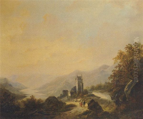 Travellers On A Trail By A River In A Rhenish Landscape - view 1