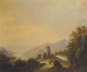 Travellers On A Trail By A River In A Rhenish Landscape by Charles Duvernoy