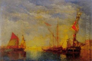 Segelschiffe In Der Lagune Von Venedig Bei Sonnenuntergang by Henri Duvieux