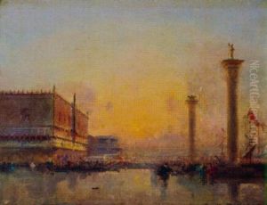 Piazzetta Di San Marco Mit Dogenpalast Bei Sonnenuntergang by Henri Duvieux