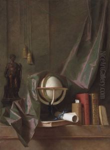 A Globe, Books And Statuette On A Ledge In An Interior, Veiled By A Curtain