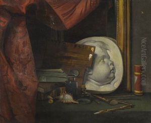 Still Life With A Boy's Head In Plaster Relief, Along With An Artist's Palette, Paintbrushes And A Shell, All On A Draped Table Before A Mirror