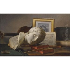 Still Life With A Musical Score, A Marble Bust, A Guitar, Books And A Portrait Engraving by Thomas Germain Joseph Duvivier