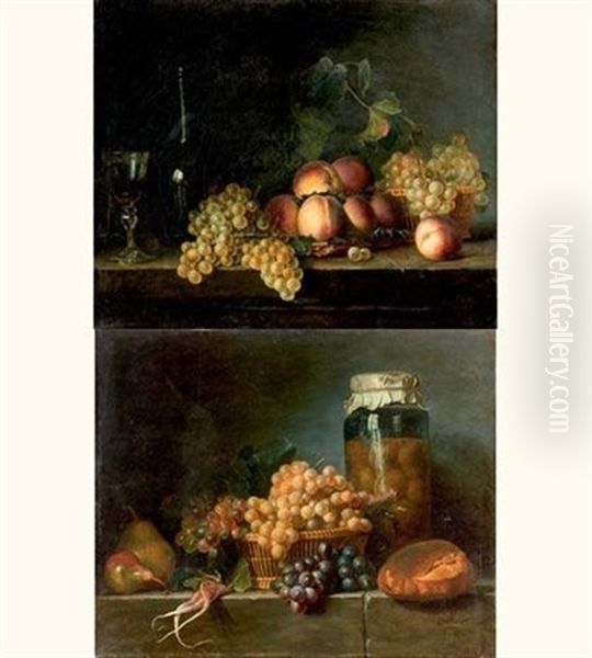 Nature Morte Aux Peches, Raisins Et Verre De Vin Sur Un Entablement De Pierre (+ Nature Morte Aux Raisins, Radis, Poires Et Bocal D Abricots Sur Un Entablement; Pair) - view 1