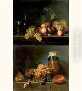 Nature Morte Aux Peches, Raisins Et Verre De Vin Sur Un Entablement De Pierre (+ Nature Morte Aux Raisins, Radis, Poires Et Bocal D Abricots Sur Un Entablement; Pair)