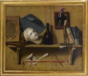 A Still Life With A Plaster Head, A Bottle, A Candle And Several Other Objects On A Wooden Shelf by Thomas Germain Joseph Duvivier