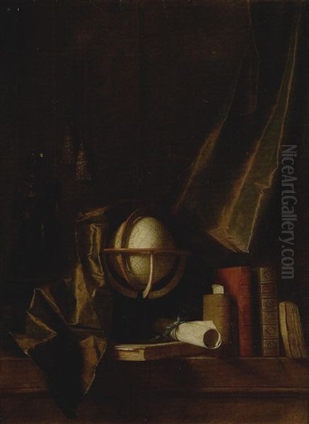 Nature Morte A La Statuette De Bronze, Sphere Et Livres Devant Un Rideau - view 1