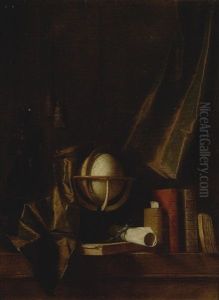 Nature Morte A La Statuette De Bronze, Sphere Et Livres Devant Un Rideau by Thomas Germain Joseph Duvivier