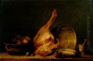 Des Poires Dans Un Bol, Un Jambon, Une Bassine En Cuivre Et Un Mortier Sur Un Rebord by Thomas Germain Joseph Duvivier