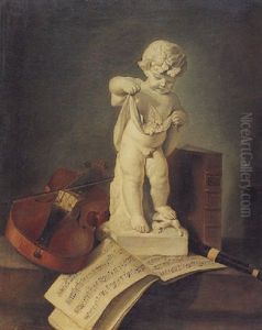 Still Life Of A Marble Statue Of Bacchus, A Violin, A Flute, Sheet Music, And A Book All Resting On The Ledge by Thomas Germain Joseph Duvivier