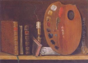 A Trompe L'oeil Books: A Sniffed Candle, Document And A Painter's Pallet On A Wooden Ledge by Thomas Germain Joseph Duvivier