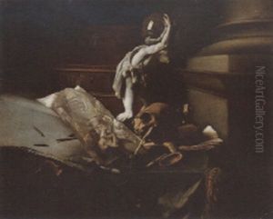 A Vanitas: A Skull, A Drawing, A Quill, An Inkpot, And A Statue Of Atlas On A Table by Thomas Germain Joseph Duvivier