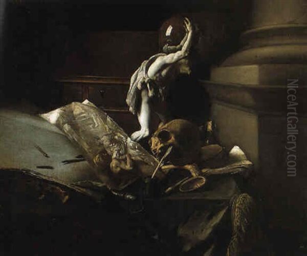 Vanitas Still Life Of A Skull, Quill, Inkpot And Statue Of Atlas On A Table - view 1