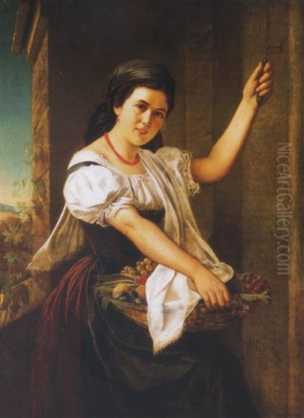 Fiatal No Gyumolcskosarral (young Woman With Fruit Basket) - view 1