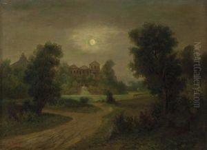 Landschaft Mit Vollmond Uber Schlossartigem Gebaude