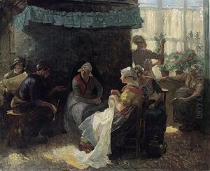 Interieur Einer Hollandischen Stube. Ein Fischer Erzahlt Geschichten Im Kreise Junger Frauen by Carl Duxa