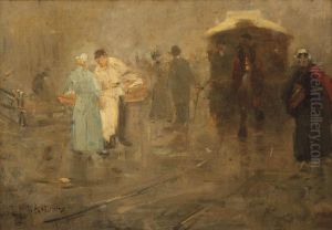 A Cityscape With Figures And A Horse-drawn Tram by Floris Arntzenius
