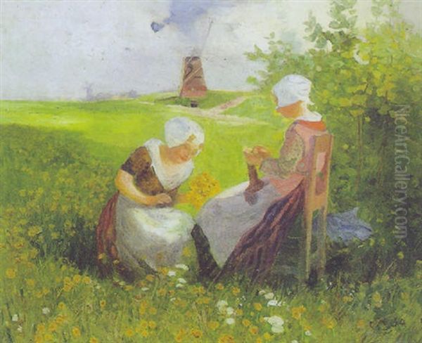 Hollandische Madchen Auf Der Blumenwiese - view 1