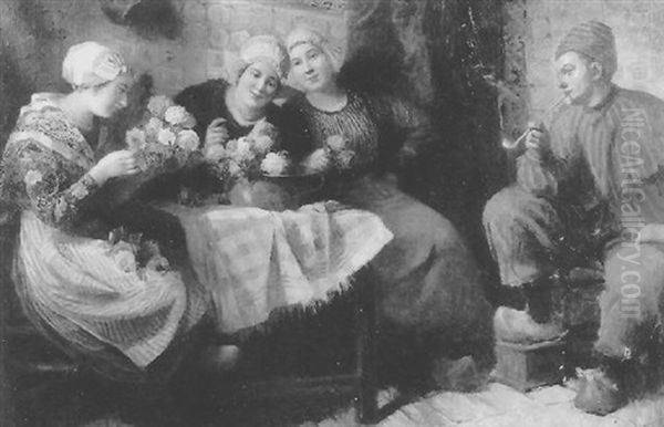 Hollandisches Interieur Mit Pfeifenraucher Und Blumenmadchen - view 1