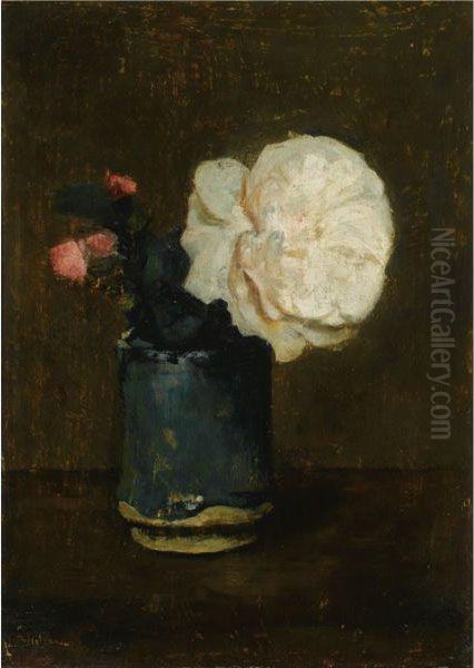 A Still Life With Roses In A Green Vase - view 1