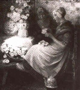 Zwei Junge Holl,nderinnen Sitzen In Der Friesischen Stube by Carl Duxa