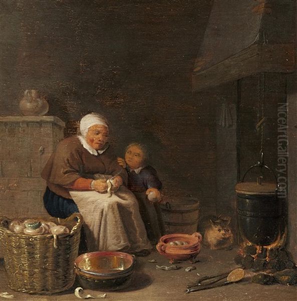 Kitchen Scene With A Woman Peeling Turnips - view 1