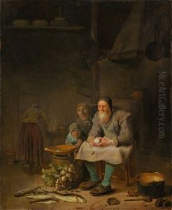 Old Man Peeling Radishes In A Kitchen by Pieter Jacobsz (called Colinchovius) Duyfhuysen