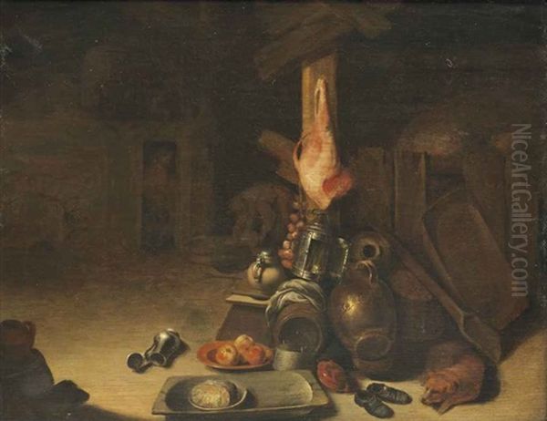 A Barn Interior With A Dog Sleeping Beside Cooking Vessels, A Pair Of Shoes, With A Ham Hanging, Peasants Beyond - view 1