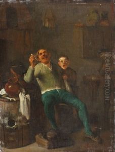 Interieur Mit Pfeiferauchendem Mann Mit Kind - Im Hintergrund Ein Mann Mit Mutze by Pieter Jacobsz (called Colinchovius) Duyfhuysen