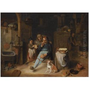A Barn Interior With A Peasant Seated Holding A Jug, A Young Boy Holding A Rumbling-pot, Other Figures, And A Dog Next To Kitchen Utensils In The Foreground by Pieter Jacobsz (called Colinchovius) Duyfhuysen