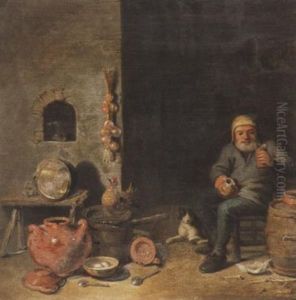 Interieur Mit Einem Trinkenden Bauern Und Steinguttopfen