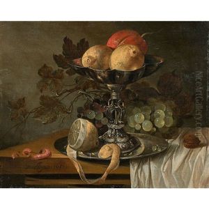 Nature Morte A La Tazza, Au Citron Et Aux Crevettes Sur Un Entablement by Isaac Van Duynen