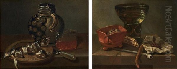 Nature Morte Au Verre Rohmer Et Tabagie Et Nature Morte Au Hareng Et Au Couteau (pair) - view 1