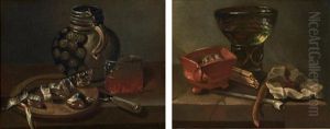 Nature Morte Au Verre Rohmer Et Tabagie Et Nature Morte Au Hareng Et Au Couteau (pair) by Isaac Van Duynen
