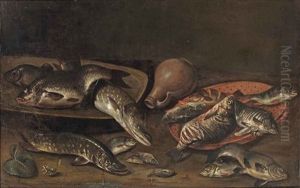 Various Fish On Platters, An Earthenware Jug, And A Small Frog In The Left Foreground