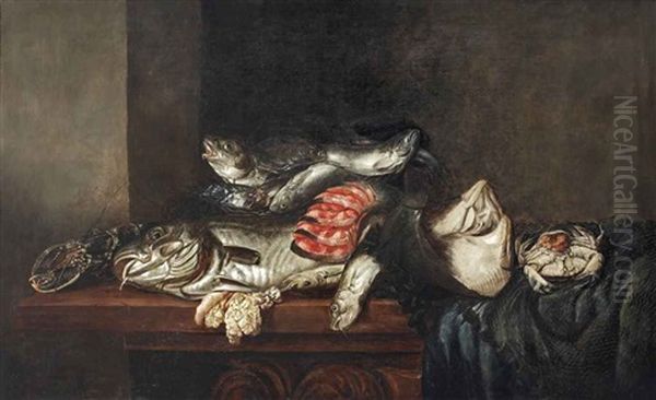 A Lobster, Cod, Flatfish, Salmon, Crab, Mussels And Other Fish In A Wicker Basket With A Fish Net On A Partially Draped Table - view 1