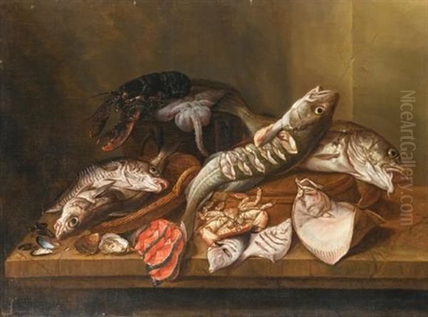 A Still Life With Fish, An Upturned Crab, Oysters, Cockles And Muscles, A Ray, A Lobster, Turbot And Haddock, All On A Table In An Interior - view 1