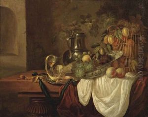 Grapes, Peaches And Plums In A Wan-li Kraak Porcelain Dish And In A Wicker Basket, A Pewter Jug And A Silver Plate, All On A Partially Draped Table In... by Isaac Van Duynen
