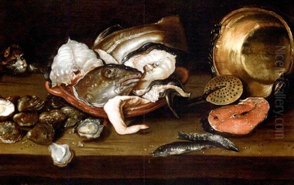 Fish, Oysters, A Copper Pot And Strainer On A Table With A Cat - view 1