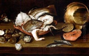 Fish, Oysters, A Copper Pot And Strainer On A Table With A Cat Fish, Oysters, A Copper Pot And Strainer On A Table With A Cat
