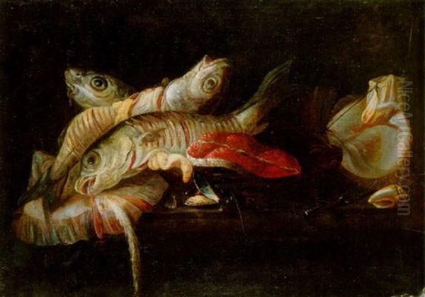 A Skate, Salmon Steak, Mussels And Other Fish On A Ledge - view 1