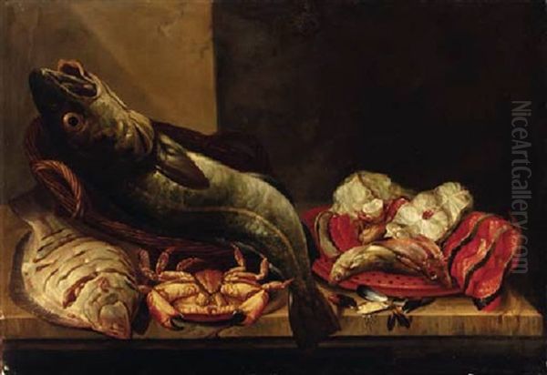 Still Life Of A Plaice, A Cod, Crab, Mussels, A Gurnard And Fish Steaks On A Ledge - view 1
