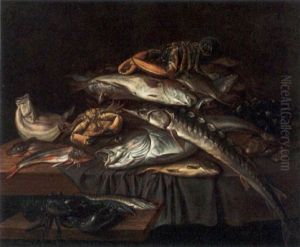 A Still Life With A Sturgeon, A Red Gurnard, A Ray, A Brill, A Crab, Lobsters, Oysters, Mussels And Other Fish by Isaac Van Duynen