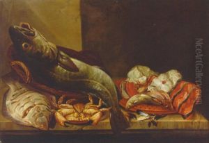 Still Life Of Plaice, A Cod, Crab, Mussels, A Gurnard And Fish Steaks On A Ledge by Isaac Van Duynen