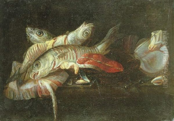 Still Life Of Fish Beside A Mussel, A Shell And A Knife On A Marble Ledge - view 1
