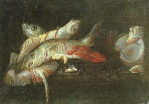 Still Life Of Fish Beside A Mussel, A Shell And A Knife On A Marble Ledge