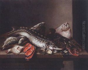 Sturgeon, Lobster, Turbot, Salmon, Oysters, Plaice And Haddock On A Stone Ledge by Isaac Van Duynen